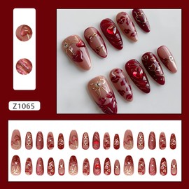 LPOODDNU 3D Heart Press on Nails Glossy Red Fake Nails, Medium Almond Press on Nails with Bow Lip Cherry Designs Glossy Rhinestone False Nail Tips Cute Stick on Nails for Women Manicure Decorations