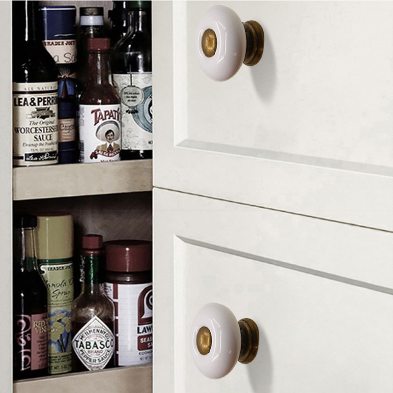AUXBC 1.3" Ceramic Round Knobs, Antique Brass and Ceramic Cabinet