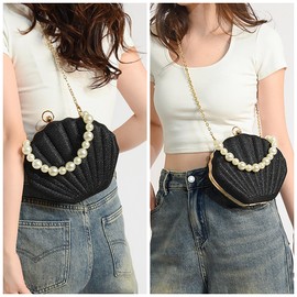 MEGAUK Ladies Seashell Purse Shell Wallet Sequined Shell Shape Chain Shoulder Bag Mini Glitter Party Clutch Pouch (07880 Black)