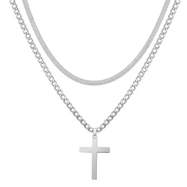 SWEETV Waterproof Layered Cross Necklace for Men/Women, Polished Cross Pendant with Cuban and Herringbone Chains, Jewelry Gift Box Included, Silver,18/20 inch