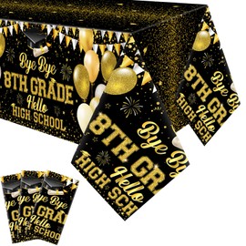 FuWeave 3 Pcs 8th Grade Graduation Tablecloth 54x108 Bye Bye 8th Grade Hello High School Tablecovers Plastic Congrats Grad Table Decor for Class of 2025 Graduation Party Supplies