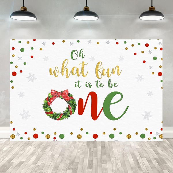 Ticuenicoa 5×3ft Christmas 1st Birthday Backdrop Girls Boys Christmas First Birthday Party Banner Decorations Winter Xmas Oh What Fun It is to Be One Red Green Gold Dots Snowflake Background