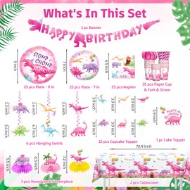 cocomigo 181pcs Pink Dinosaur Birthday Decorations Tableware Set, Watercolor Dinosaur Birthday Party Supplies with Banner Plates Cups Tablecloth for Girls Dinosaur Birthday Decorations, Serve 25