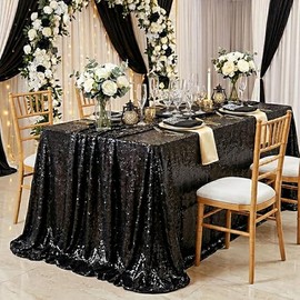 QueenDream - Mantel de Lentejuelas Negras de 60 x 102 Pulgadas, Mantel Rectangular con Purpurina para Boda, cumpleaños, Ceremonia, Pasteles, decoración de Mesa de Postre