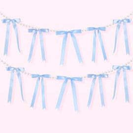 Riceshoot Pearl Bow Garland Banner Bachelorette Coquette Birthday Party Decorations 9 Yds Bow Banner Decor for Bridal Shower Wedding Favors Engagement Party Supplies (Blue)