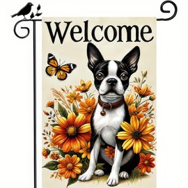 BlissYard Thanksgiving Fall Garden Flag 12x18 Inch Welcome Boston Terrier Dog Outdoor Flag Double Sided Autumn Yard Banner with Sunflowers and Butterfly Decor for Porch Lawn Patio