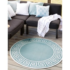 Unique Loom Outdoor Coastal Collection Area Rug - Caye (4' 1" Round, Aqua/ Ivory)