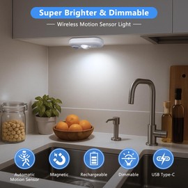 inShareplus 6 Pack LED Under Motion Sensor Cabinet Light Indoor, USB Rechargeable Magnetic Night Light, 6500K Daylight White Wireless Dimmable LED Lighting for Cabinet, Stairs, Kitchen, Shelf