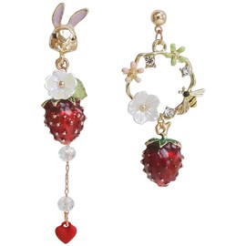 Sweet Cute Fruit Strawberry Drop Dangle Earrings for Women Red Full Rhinestone Simulation Strawberry Earrings, Zinc, Cubic Zirconia
