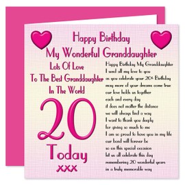 My Granddaughter 20th Happy Birthday Card - Lots Of Love To The Best Granddaughter In The World - 20 Today