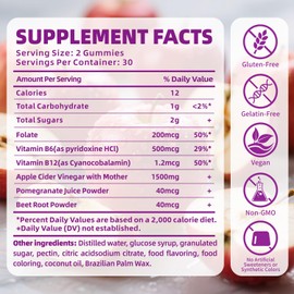 Organic Apple Cider Vinegar Gummies Sugar Free, Keto ACV Gummies: Apple Cider Vinegar with Mother, Vitamin B12 & B6, Beetroot | Gut Health, GMO Free & Vegan, Metabolism, Energy Gummy - 60 Count