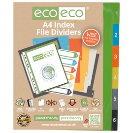 eco-eco A4 50% Recycled Multipunched Reinforced Colour Recycled Set 6 Index Wide File Dividers 200mic (Pack of 4), eco027x4
