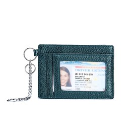 Leather Slim Wallet Minimalist RFID Credit Card Holder For Women Men Small Front Pocket Wallets With Keychain (Dark Green)
