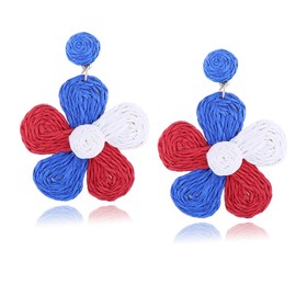 WCRAZYE 4th of July Earrings for Women Girls Handmade American Flag Rattan Straw Wicker Raffia Ball Drop Dangle Earring Patriotic Red Blue White USA 4th of July Accessories (Flower)