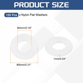 uxcell 155Pcs M4 Nylon Flat Washers Plain Washer 4mm ID 8mm OD 1mm Thick Plastic Washers for Screws Bolts Garden Faucet Plumbing Washers Repair, White