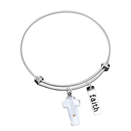 NA Charms Mustard Seed in Cross-Shaped Openable Bottle Pendant Bracelet, Stainless Steel Faith Extendable Bangle Bracelets