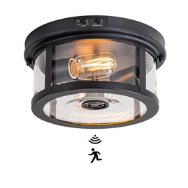 OUPAVOCS Flush Mount Outdoor Ceiling Light with Motion Sensor, Front Porch Light Ceiling Mount, Adjustable Sensor 2-Light Black Ceiling Light Fixture with Clear Glass, for Patio, House
