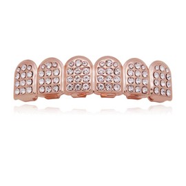 OOCC 18k Gold Plated Iced Out Grills with Diamond Hip Hop Teeth Grillz Caps Top and Bottom Set for Your Teeth (Rose Gold)