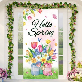 Tiamon Hello Spring Door Cover Floral Jar Door Backdrop Decor Colorful Flower Butterfly Hanging Seasonal Door Banner for Spring Easter Party Decor Supplies
