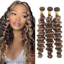 Ombre Bundles P4613 Deep Wave Human Hair Bundle 8A Highlight Hair Weave Two Tone Dark Brown And Blonde Bundle 613 Blonde Deep Curly 3 Bundles 14 16 18 Inch