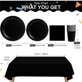 69pcs Black Disposable Tableware Set - 20 Napkins, 16 Cups, 16pcs 7inch and 9inch Plates, 1pcs Black Tablecloths | Biodegradable Dinnerware for Birthdays, Weddings, Kids Adult Christmas Party