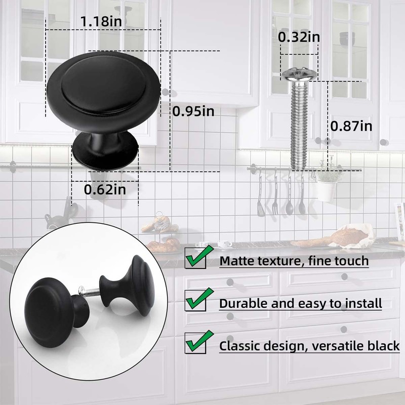 12 Pack Black Round Cabinet Hardware Knobs 1.18 Inch Flat