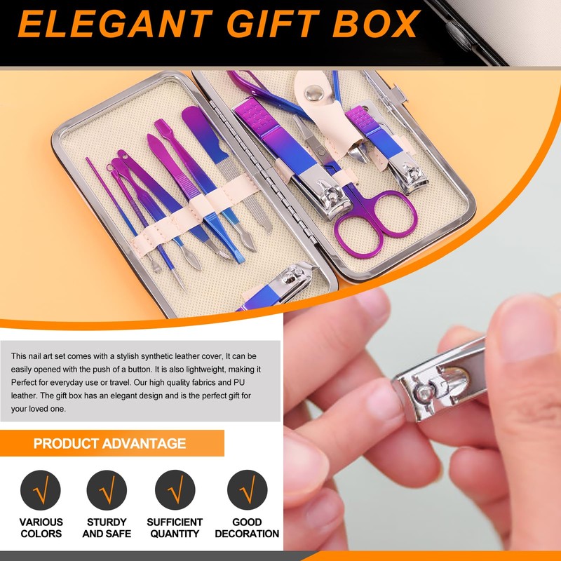 Rustark 12Pcs Rainbow Manicure Pedicure Kit Professional Stainless Steel Nail