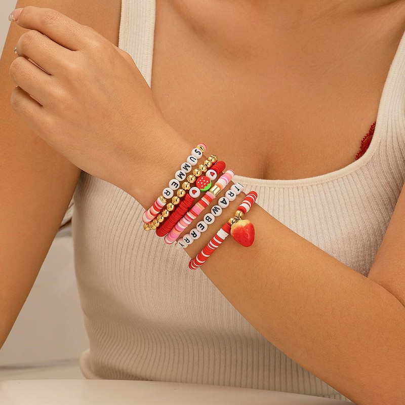 Yecomsy Strawberry Polymer Clay Stacktable Bracelets Colorful Strawberry Heishi Clay