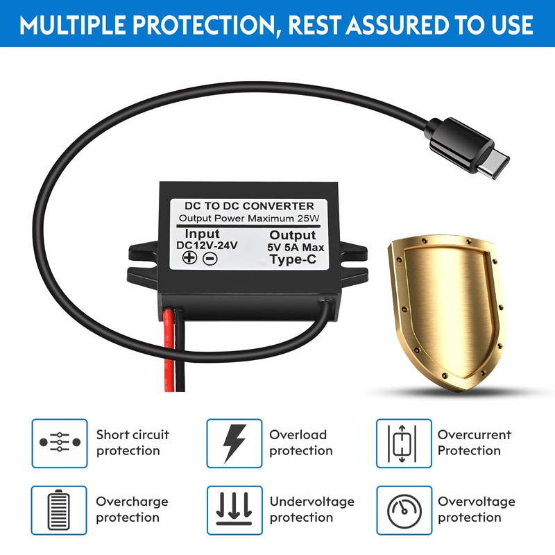 DC 24V/12V to 5V USB Type-C Right Angle Step Down