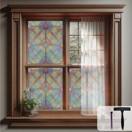 Neepanda Stained Glass Window Film, Static Cling Window Privacy Film with Installation Tools, UV Sun Blocking Decorative for Bathroom, Door, Cupboard, Colorful Checkered,17.5 x 78.7inch