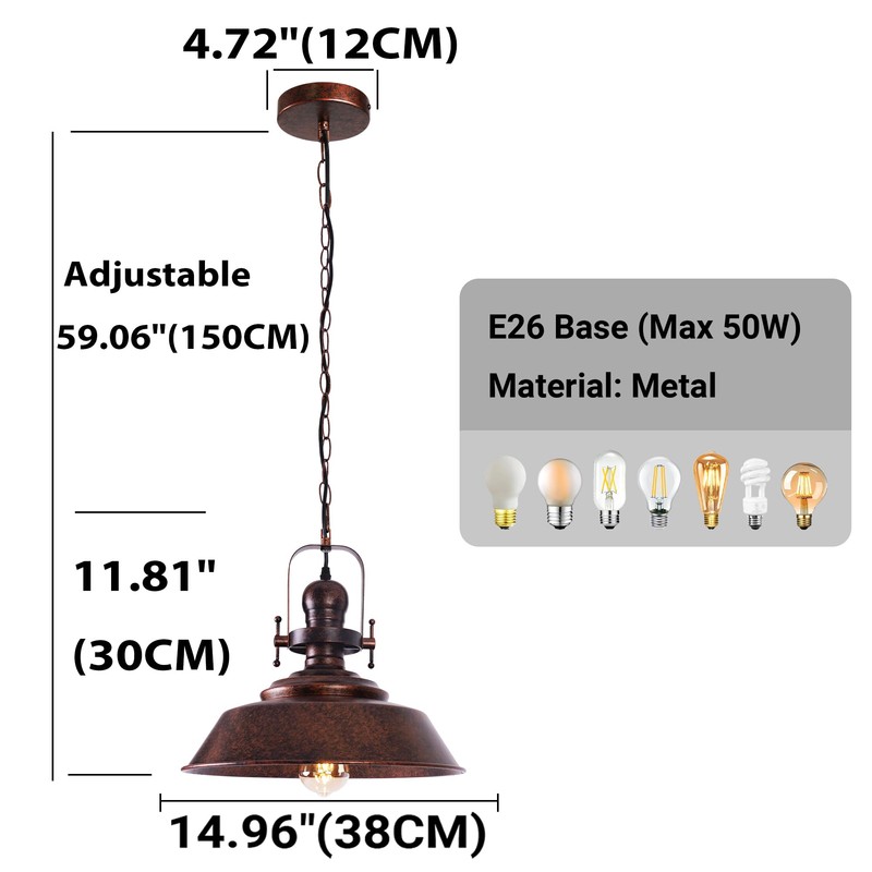 14" Copper Farmhouse Pendant Light, Retro Red Bronze