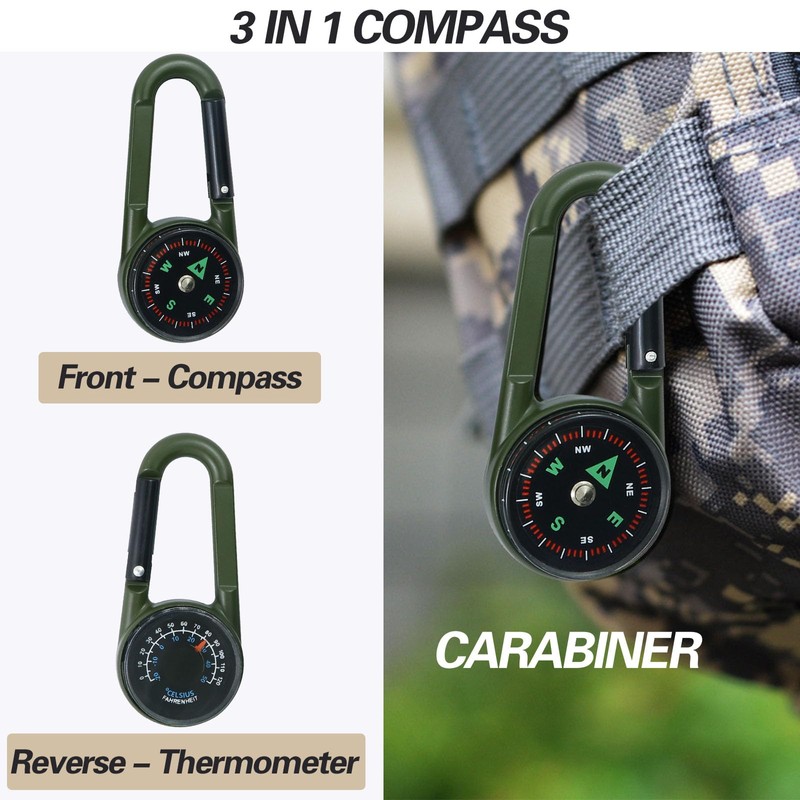 Compass with Carabiner Hook, Thermometer, Carabiner Hook, Mini Compass, Compass
