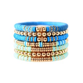 GOOJIDS Surfer Heishi Clay Bead Bracelets for Women Bohemian Stackable Gold Beaded Stretch Bracelets Elastic Layering Friendship Bracelets Boho Jewelry Gifts (G-Blue&Light Blue 7pcs)