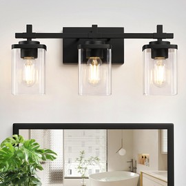 Spiglamm 3-Lights Bathroom Vanity Light Fixtures Over Mirror, Modern Black Bathroom Lighting Wall Sconces with Clear Glass Shade, Vanity Lights for Bathroom, Wall Lamp for Mirror Bedroom Hallway