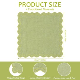 Stranthother - 4 servilletas de tela verde salvia, servilletas cuadradas festoneadas, 15.7 x 15.7 pulgadas, manteles individuales de algodón bordado de lino lavables para bodas, día festivo