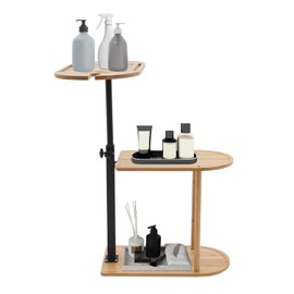 3-Tier Bathtub Tray Table, Bamboo Swivel and Height-Adjustable Side Table, Freestanding Bathroom Organizer with 360° Swivel Top, Kitchen, Living Room (Wooden, Modern)
