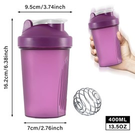 Protein Shaker Bottle 400ml with Stainless Steel Mixing Ball, Leakproof Flip On Lid, BPA- and DEHP- free, Odourless, Dishwasher Safe, Temperature Safe (Purple)