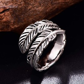 BONLAVIE 925 Sterling Silver Adjustable Turquoise/Black Onyx Feather Ring, Men's Rings 925 Silver, Ring Vintage Open Silver 925, Ring for Women / Men, Sterling Silver, /