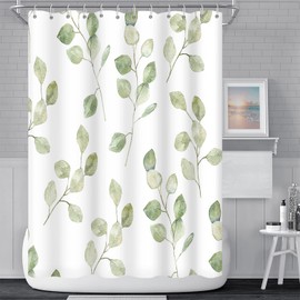 Umpoo Green Eucalyptus Leaves Bathroom Shower Curtain Nature Plants Watercolor Leaf Shower Curtain with Hooks Polyester Waterproof Fabric Aesthetics Home Shower Curtain Decor Bathtub, 69x70 Inch