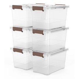 WYT WYT 6-Pack Clear 7 Quart Storage Latch Box/Bins, Plastic Stackable Latching Box with Brown Handle and Lid, Multi-Purpose, 7 Litre