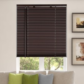 CALYX INTERIORS Room Darkening Vinyl Mini Blinds, Cordless, 1" Slat, 34" W x 60" H, Mahogany. Inside Mount in Windows 34.25 and Greater; Indoor Window Shades