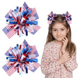 July 4th Metallic Pompom Cheer Bow Barrettes,Patriotic American Red White and Blue Hair Clips Accessories USA Memorial Independence Day Gifts for Toddler Teen Girls Women Kids