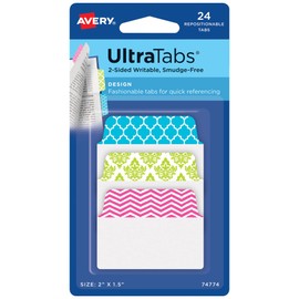 Avery Multiuse Ultra Tabs, 2" x 1.5", 2-Side Writable, Assorted Designs, 24 Repositionable Tabs (74774)