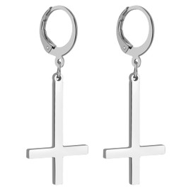 OIDEA Inverted Cross Earrings for Men Women: Silver Punk Stainless Steel Upside Down Cross Earrings Drop Dangle Huggie Hoop Earrings Gothic Christian Jewelry Gifts