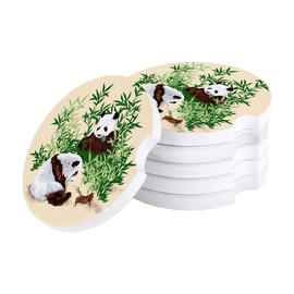 Vibiliyou Car Accessories Easy Removal Durable Car Coasters for Drinks Set of 2 Pack,Cute Coasters Two Baby Panda Eatting Bamboo Absorbent Ceramics of Auto Cup Holders for Women Men