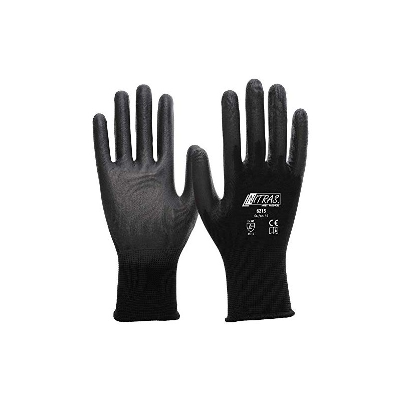 12 Paar Montagehandschuh Nylon NITRAS 6215 Schwarz PU beschichtete Handschuhe,