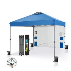 GREEN PARTY Pop Up Canopy Tent 10x10 with 1 Sidewall and 6 Pockets, One Push Set Up Ootdoor Instant Tent Canopy with Vented Roof, & Wheeled Carry Bag for Patio Camping Beach, Blue
