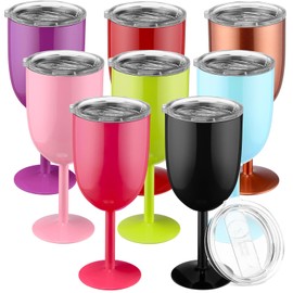 Yinder 8 Pcs Stemmed Stainless Steel Wineglasses, 12 oz Stainless Wine Goblet with Lids Double Wall Insulated Unbreakable Goblets Insulated Stem Wine Tumbler for Friendship Birthday Party Supplies