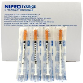 100 Jeringas Para Insulina de 1 ml con Aguja integrada 30 G x 13 mm (1/2”) Jeringas para insulina con aguja integrada y bajo espacio muerto para aplicar hasta 100 Unidades o menos marca NIPRO
