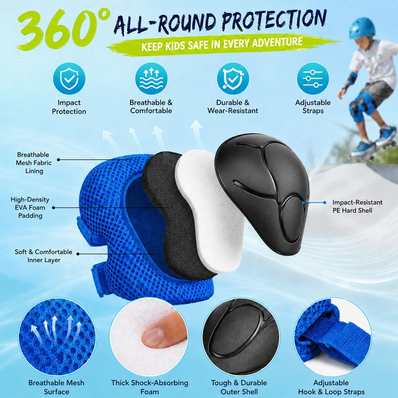 Lafefe 6PCS Blue Kids Protective Gear Set Knee Elbow Wrist